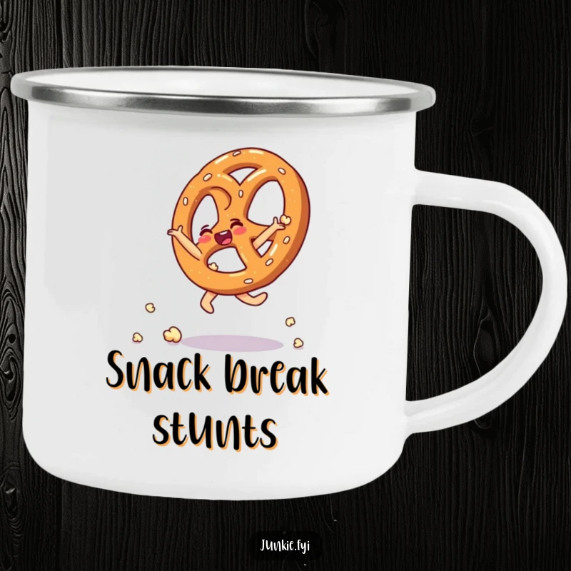 Funny camping mug showing a thrilled pretzel doing a cartwheel made of popcorn kernels.