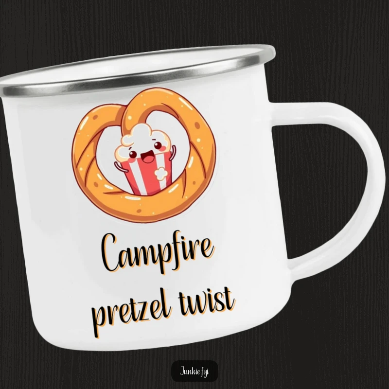 Funny camping mug featuring a joyful pretzel twisting with happiness around a popcorn kernel, perfect for outdoor enjoyment.