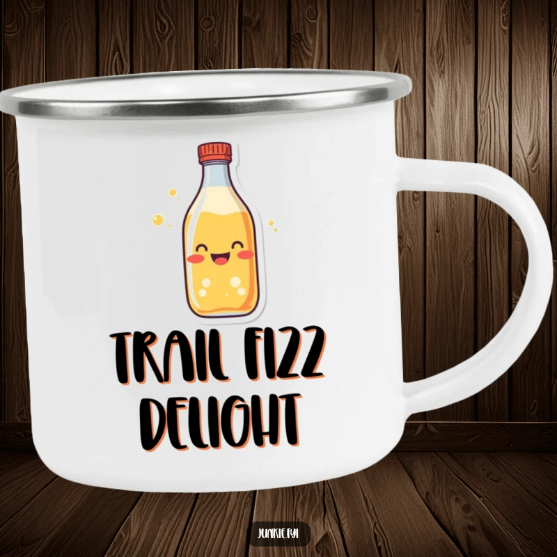 Funny soda bottle camping mug character, fizzing with excitement, durable and humorous for outdoor use.