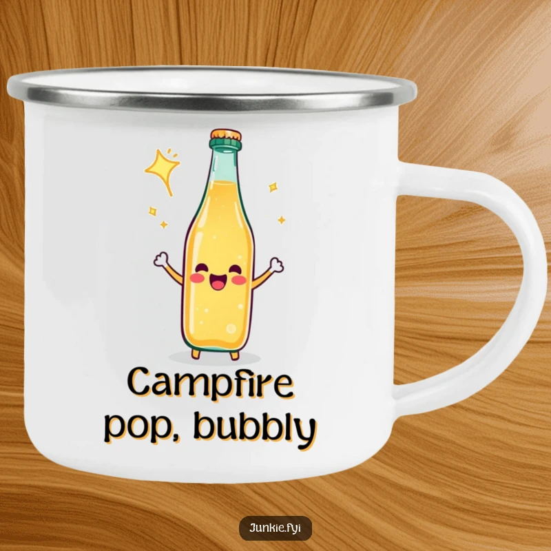 Funny Camping Mug: A happy soda bottle celebrates with a fizz, ready for your drink in the wild.