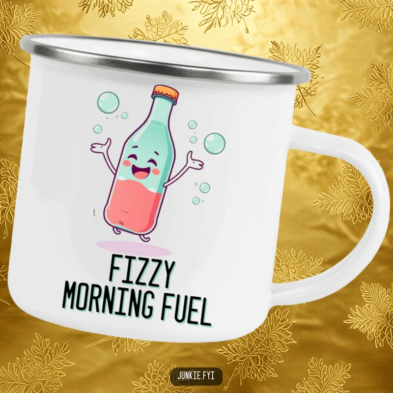 Funny Camping Mug: A giggling soda bottle character dances excitedly with bubbles, ideal for humorous outdoor adventures and fizzy beverages.