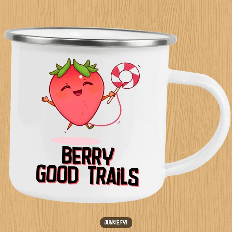 Funny camping mug featuring a giggling strawberry jumping rope with a licorice string, perfect for outdoor energy.