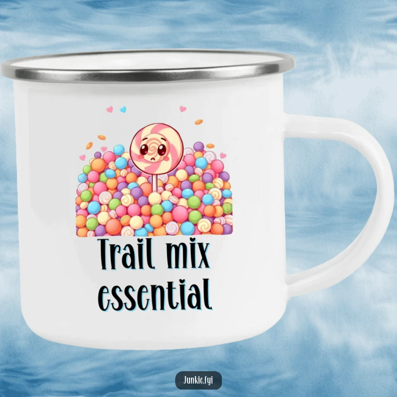 Funny camping mug with a surprised lollipop character shocked by an enormous candy pile. Great for outdoor humor.
