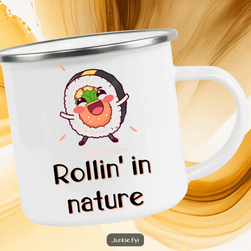 Funny sushi roll camping mug, performing a cartwheel in a woodland setting, a hilarious and durable outdoor companion.