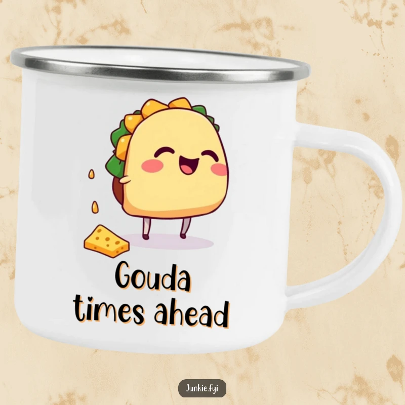 Funny giggling taco character with tiny legs catching falling cheese, on a camping mug.