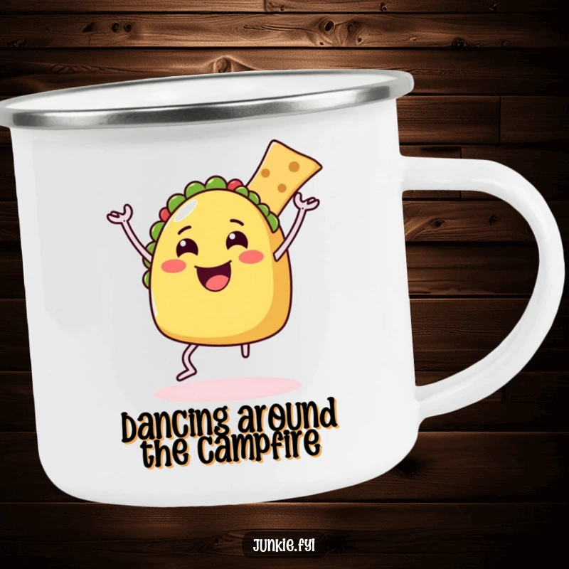 Funny Camping Mug showcasing a happy taco with legs dancing with a chip, built for laughs and adventures.