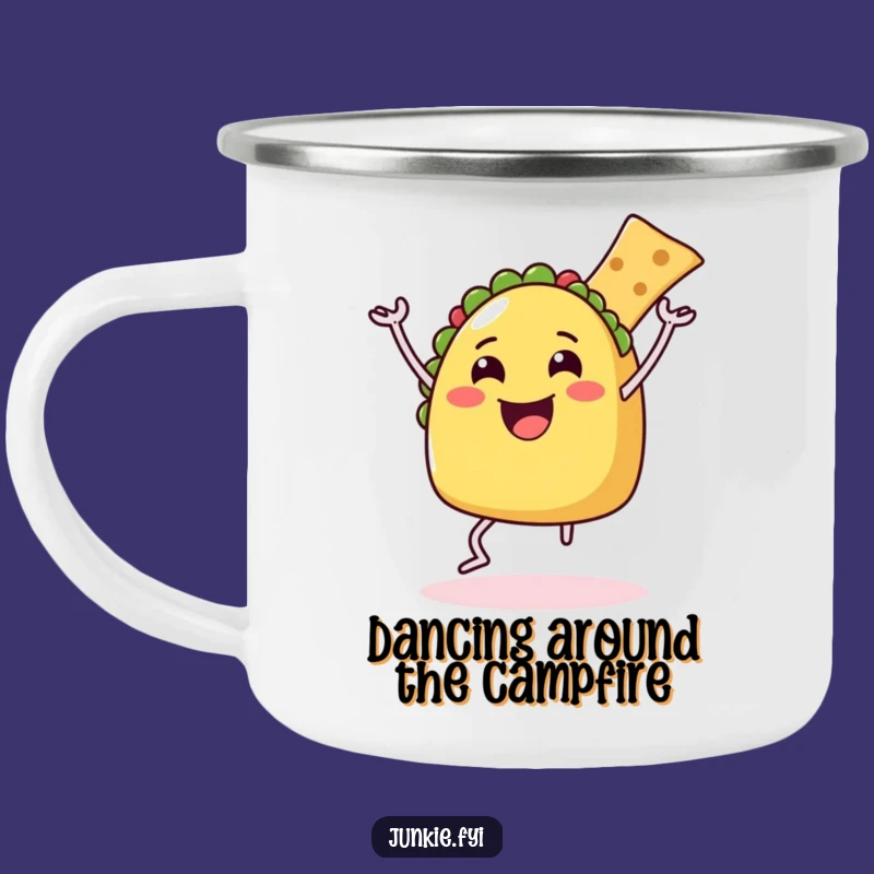 Funny Taco Dance Camping Mug: Outdoor Foodie Character with Chip, Rugged Humorous Gift!