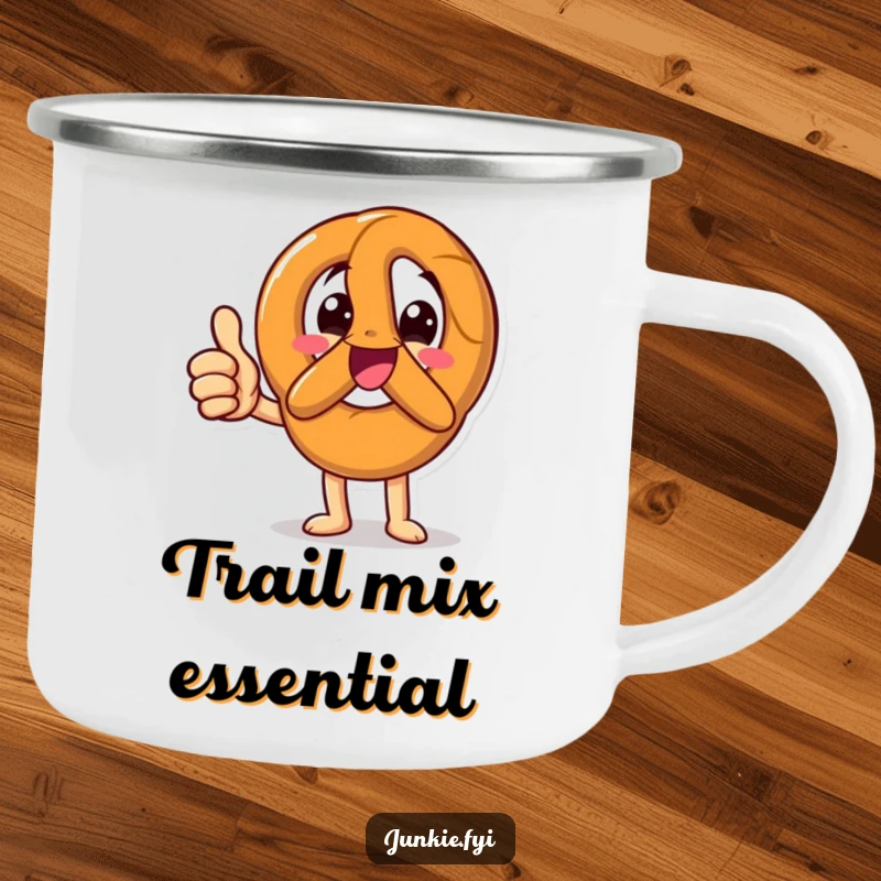 Funny Camping Mug with a happy pretzel character giving an enthusiastic thumbs up, perfect for outdoor beverages and positive snack-themed fun.