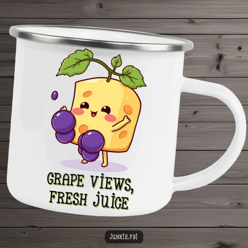 Funny Kawaii cheese character with a camping mug, humorously trying to catch a falling grape, an adventurous and funny design.