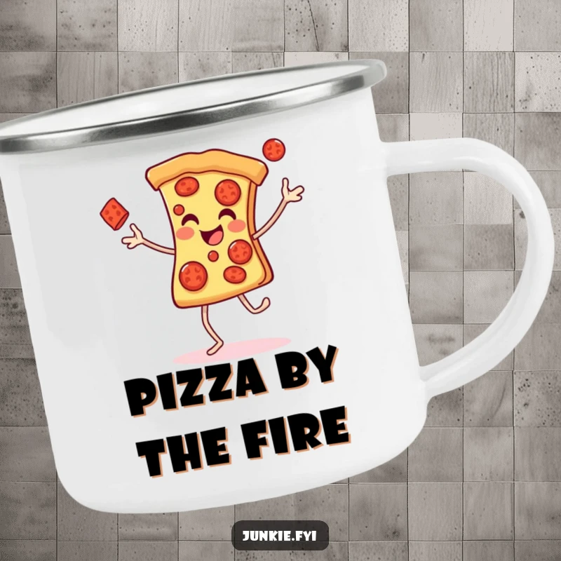 Funny Camping Mug showcasing a cheerful pizza slice with legs juggling pepperonis, perfect for outdoor enjoyment and laughs.