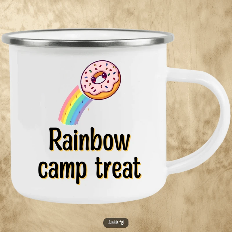 A donut slides down a sprinkle rainbow on this fun camping mug, perfect for enjoying drinks outdoors with a smile.