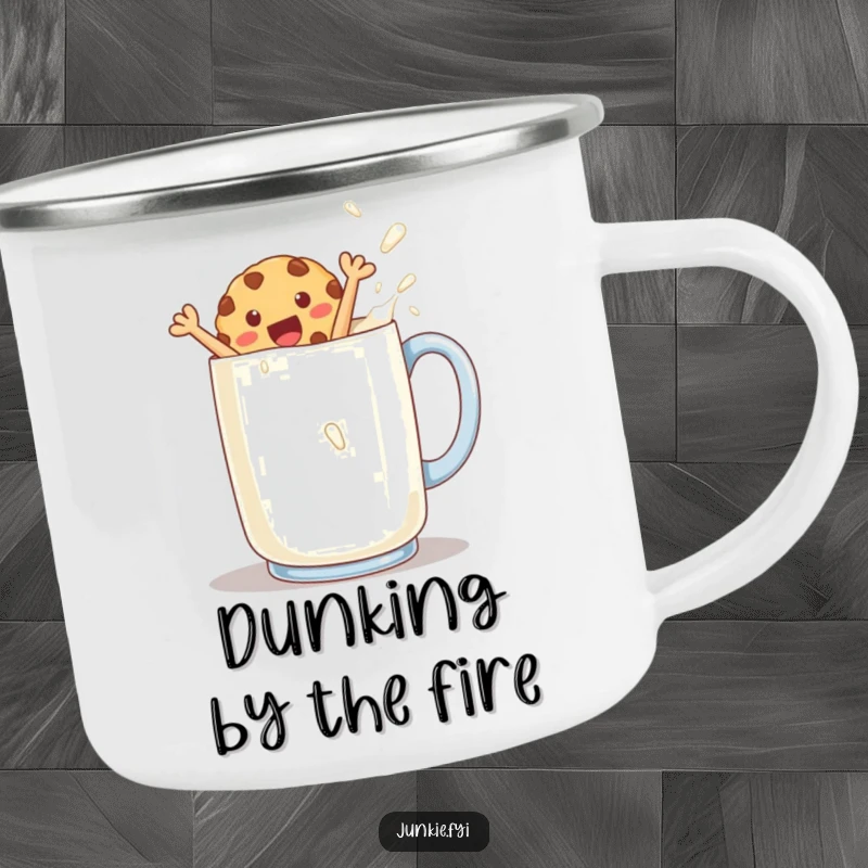 Funny cookie character jumping into milk on a rugged camping mug, ready for outdoor breakfast fun.