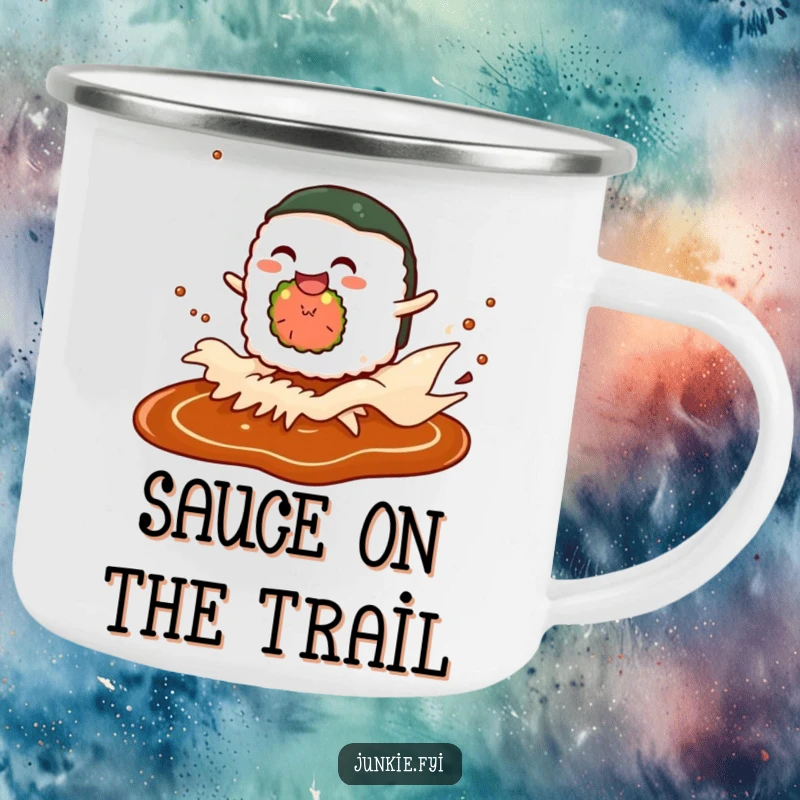 Funny camping mug with a giggling sushi roll character riding a soy sauce wave, designed for outdoor culinary enjoyment.