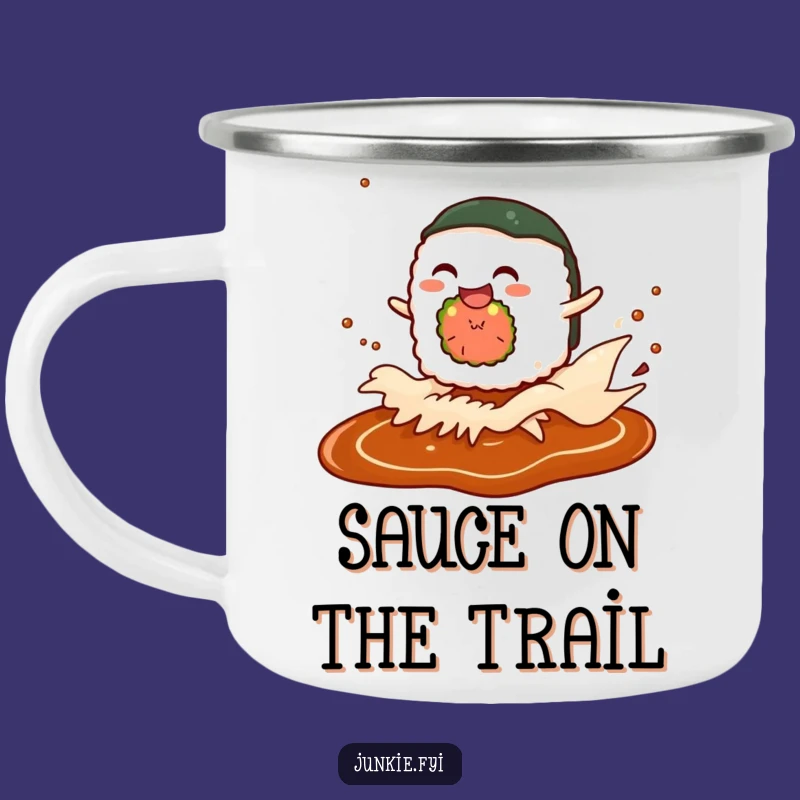 Funny Sushi Wave Camping Mug: Giggling Enamel Cup, Outdoor Food Gift