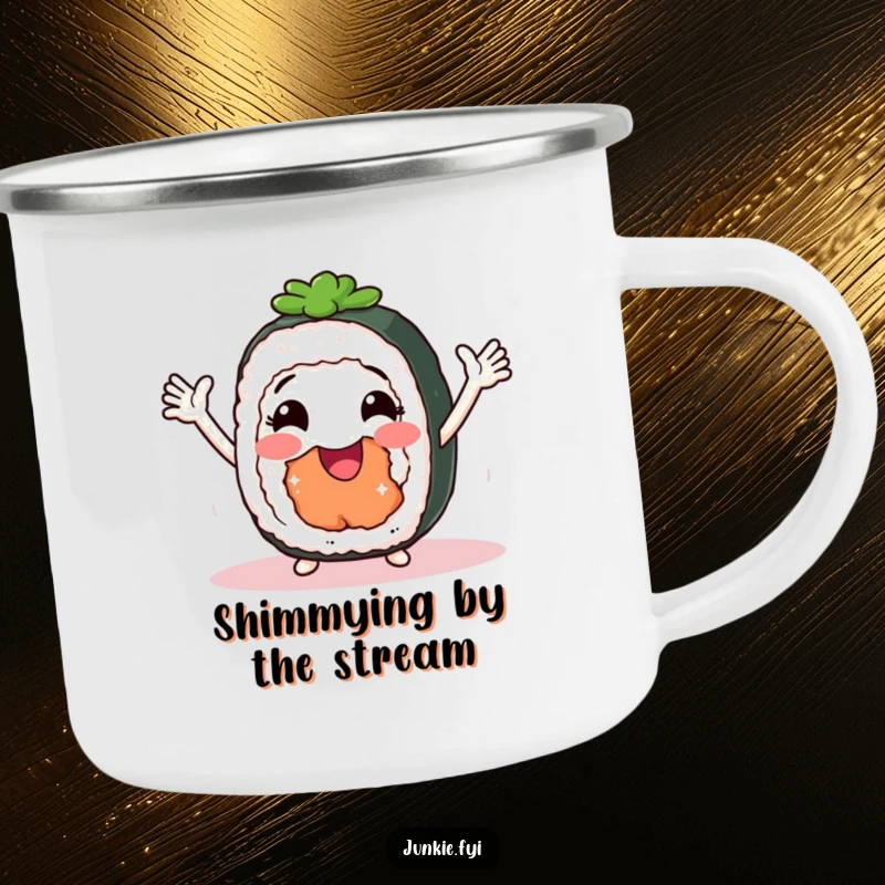 Funny Camping Mug showcasing a smiling sushi roll with arms shimmying, perfect for outdoor enjoyment and laughs.