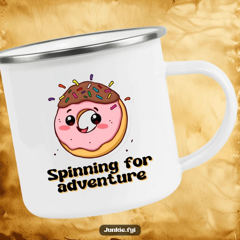 Funny donut character with sprinkle hair spinning with joy on a rugged camping mug, ready for outdoor fun.