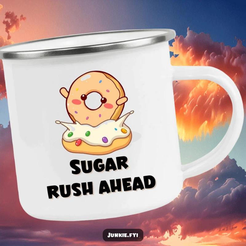 Funny donut character doing a joyful flip into frosting, on a camping mug.