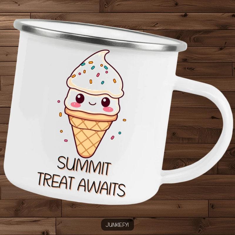 Funny camping mug with a content ice cream cone character enjoying a rain of sprinkles. Great for outdoor humor.
