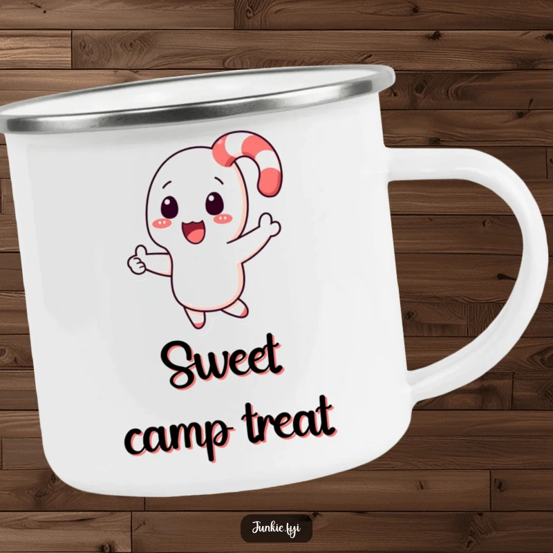 Funny candy cane character boomeranging back to a hand on a rugged camping mug, ready for festive outdoor fun.
