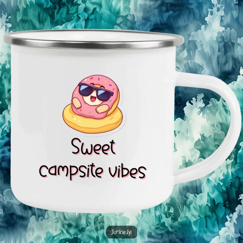 Funny Camping Mug with a delighted donut wearing sunglasses lounging on a giant chip, perfect for outdoor drinks and snack-themed fun.