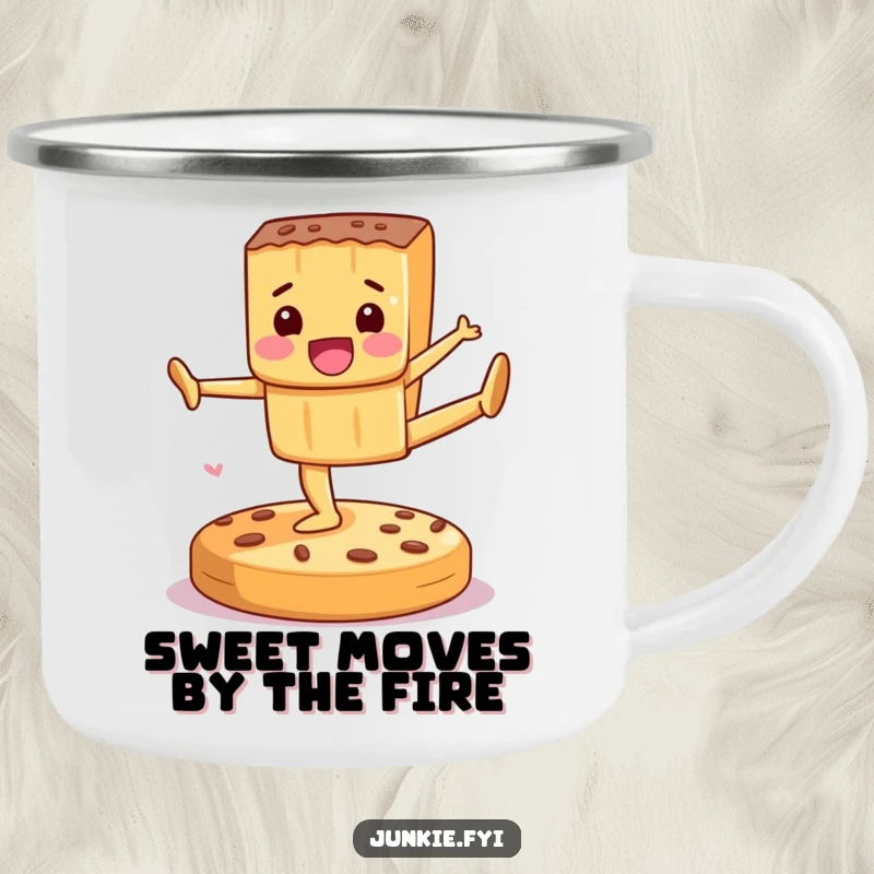 Funny Camping Mug showcasing a delighted candy bar performing gymnastics on a cookie, perfect for outdoor enjoyment and laughs.