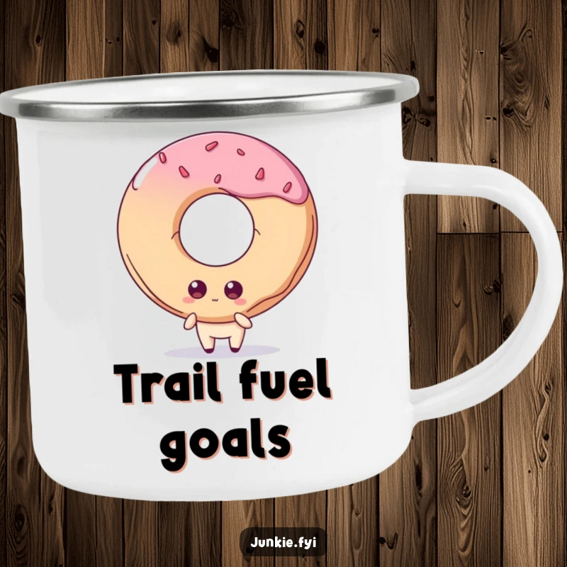 Funny camping mug: A quirky food character with big eyes stares longingly at a colossal doughnut, perfect for sweet camp mornings.