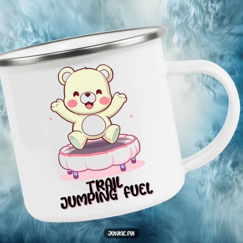 Funny camping mug with a cheerful gummy bear character bouncing on a marshmallow trampoline. Great for outdoor humor.