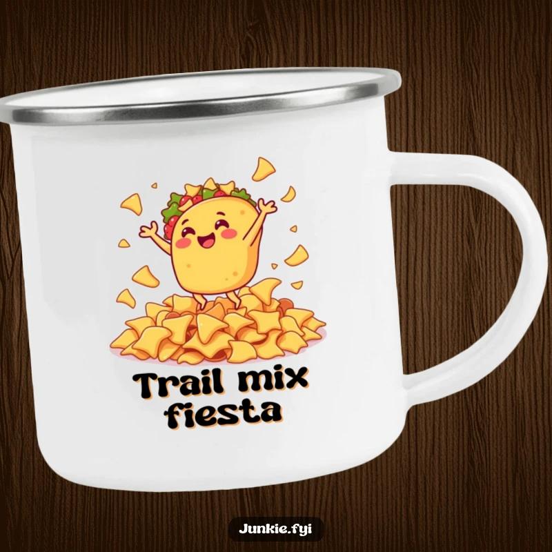 Funny camping mug showing a gleeful taco doing a joyful jig with gusto amidst a pile of savory nacho chips.