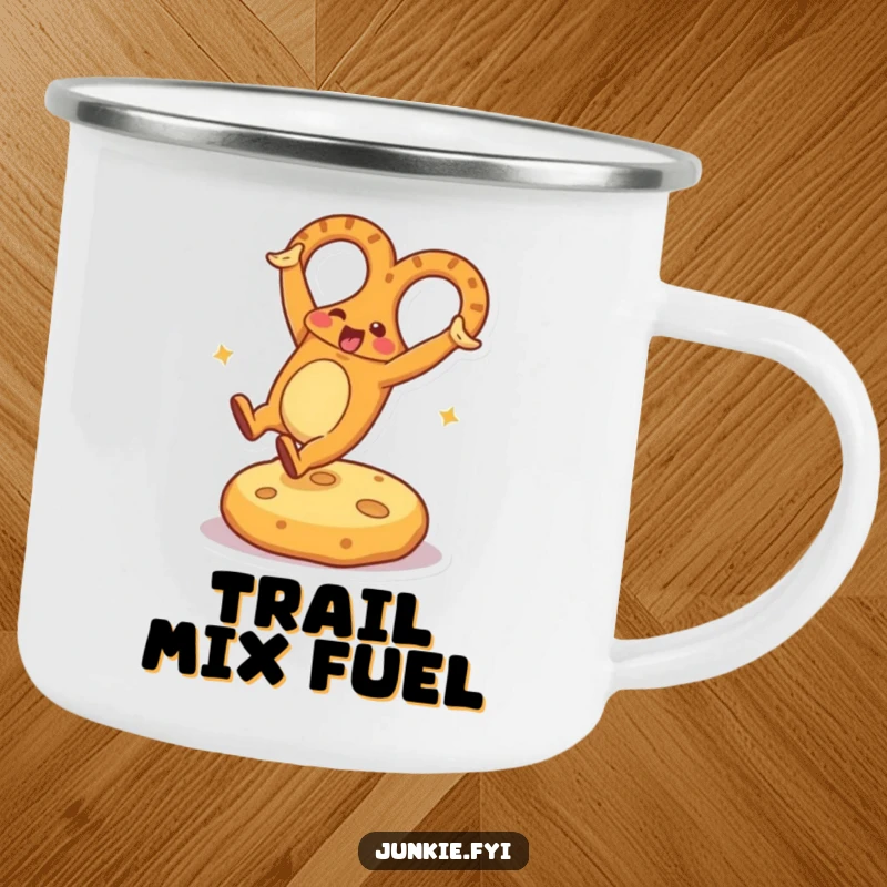 Funny Camping Mug featuring an energetic pretzel character doing a cartwheel on a cheese cushion, built for adventure and laughs.