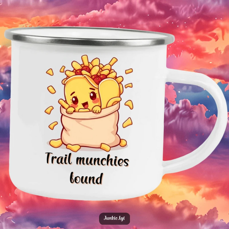 Funny camping mug with a curious taco character peeking from a chip bag, designed for outdoor snack enjoyment.