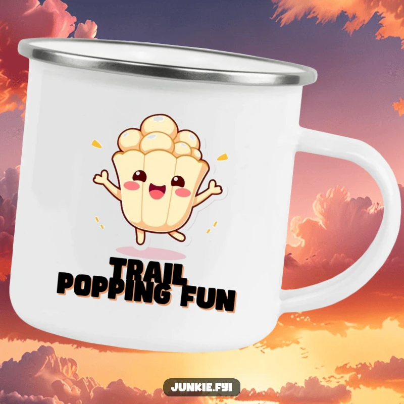 Funny Kawaii Popcorn Camping Mug: A cute anthropomorphic popcorn kernel bounces excitedly around this durable and funny camping mug.