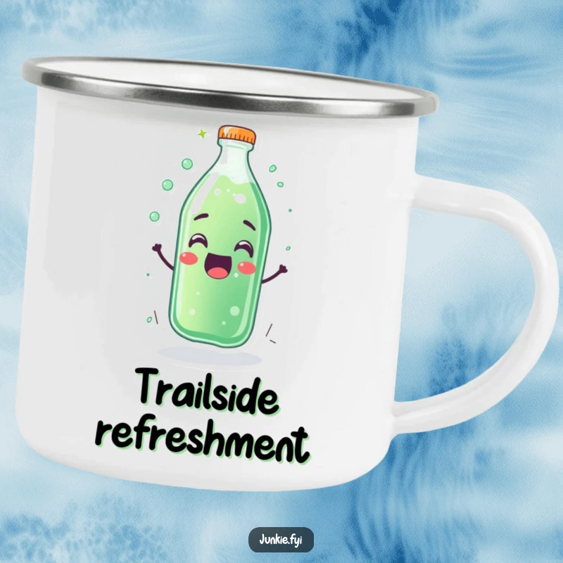 Funny camping mug with a thrilled soda bottle character fizzing with happiness. Great for outdoor humor.