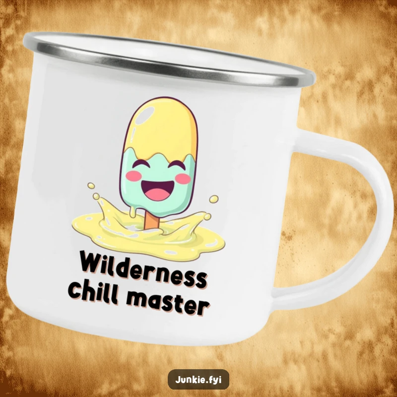 Funny popsicle character melting with joy, splashing in a lemonade puddle on a sturdy camping mug.
