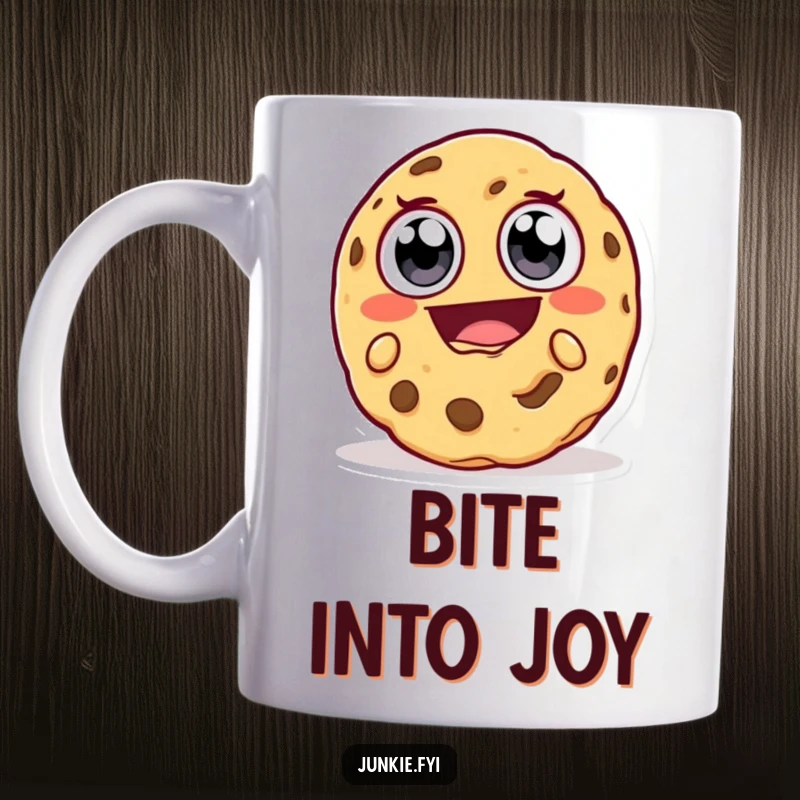 Funny Mug: A happy cookie character with large eyes takes a massive, delighted bite, capturing pure enjoyment and humor.