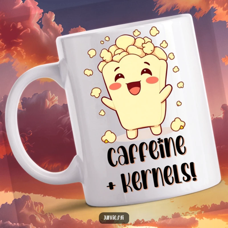 Funny popcorn character grinning and showering itself with more popcorn, embodying pure snack happiness.