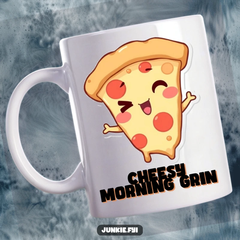 Funny Mug featuring a mischievous pizza slice character giving a playful, winking expression, ready to share a cheesy joke.