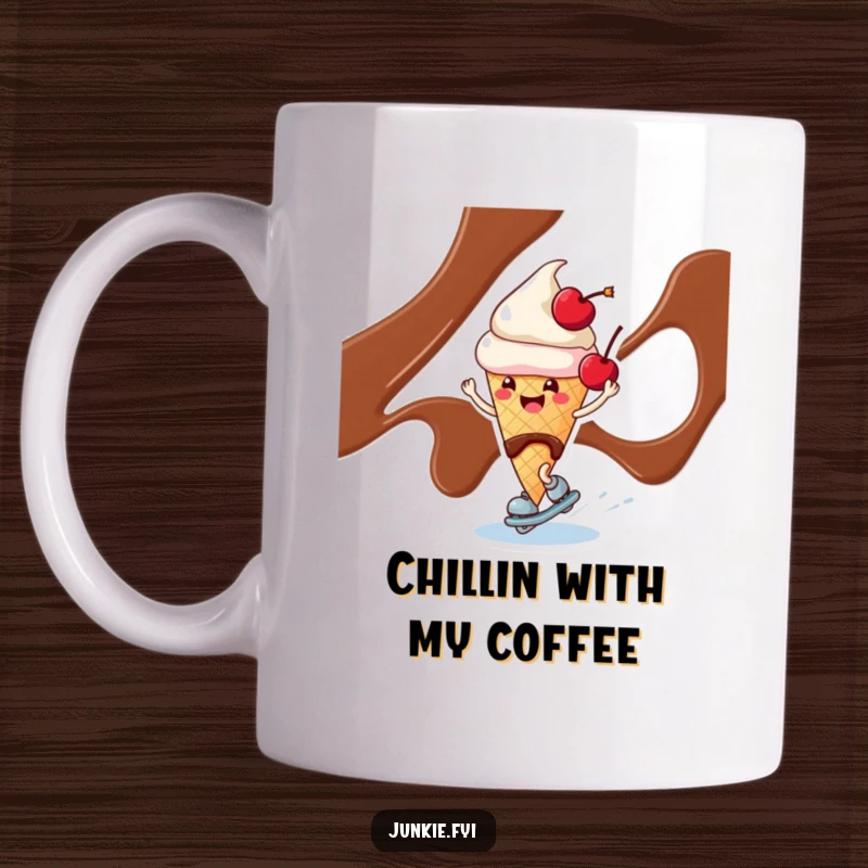 Funny cheerful ice cream cone character with a cherry happily skating on chocolate syrup, printed on a ceramic mug.