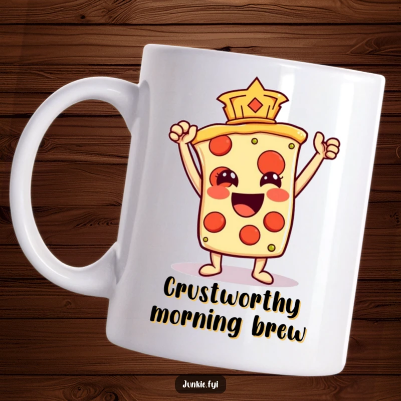 Funny Mug featuring a happy pizza slice character triumphantly holding a pepperoni aloft like a prize, celebrating delicious success.