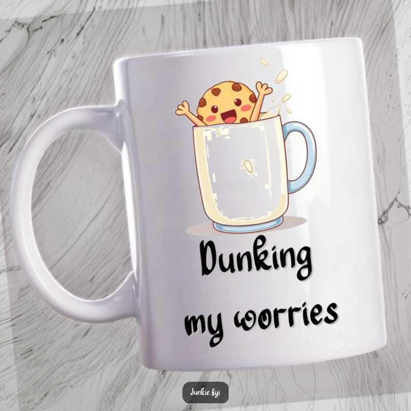 Funny cookie character joyfully jumping into a giant mug of milk on a coffee mug, expressing pure bliss.