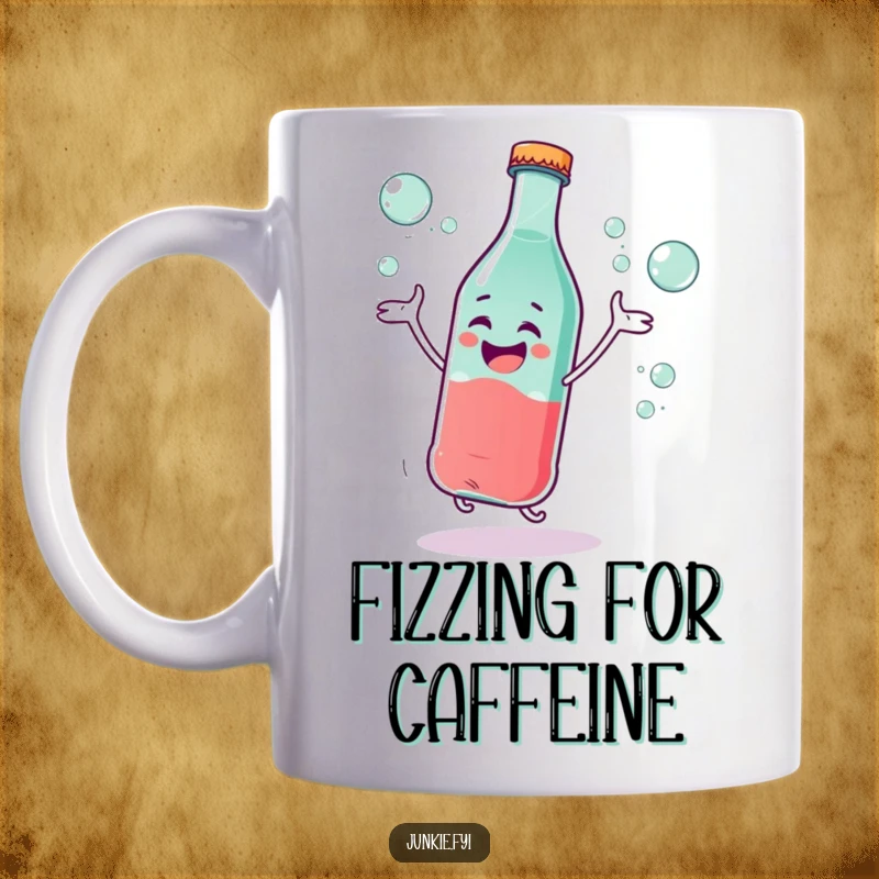 Funny Mug: A giggling soda bottle character excitedly dances, with sparkling bubbles rising, radiating infectious joy and effervescence.