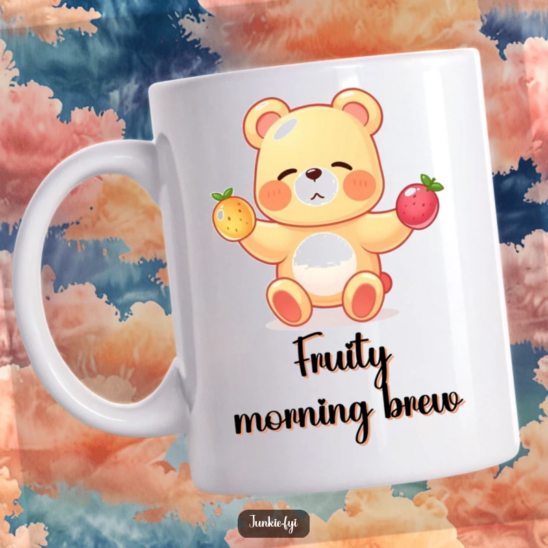 Funny gummy bear winking mischievously while juggling three small, translucent fruits, depicted on a mug.