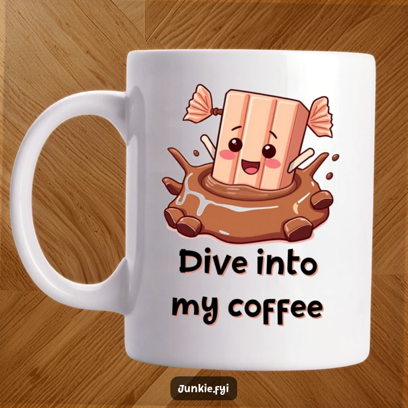 Funny candy bar joyfully diving headfirst into a luscious pool of chocolate, depicted on a mug.