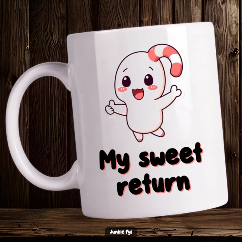 Funny candy cane character boomeranging back to a happy hand on a coffee mug, symbolizing fun and return.