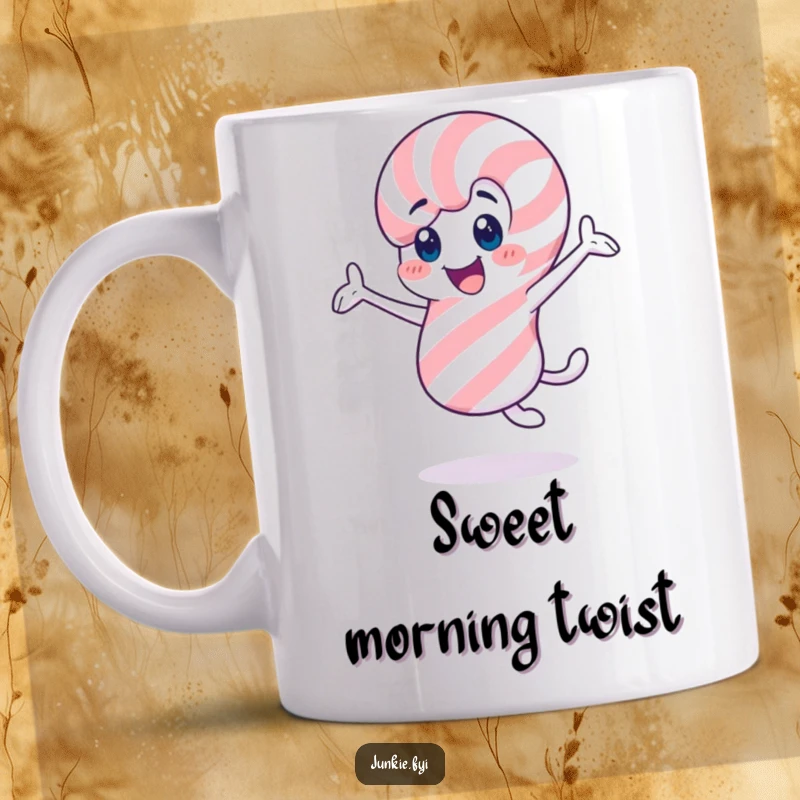 Funny candy cane mug, a cheerful character twirling enthusiastically, embodying sweet holiday fun.