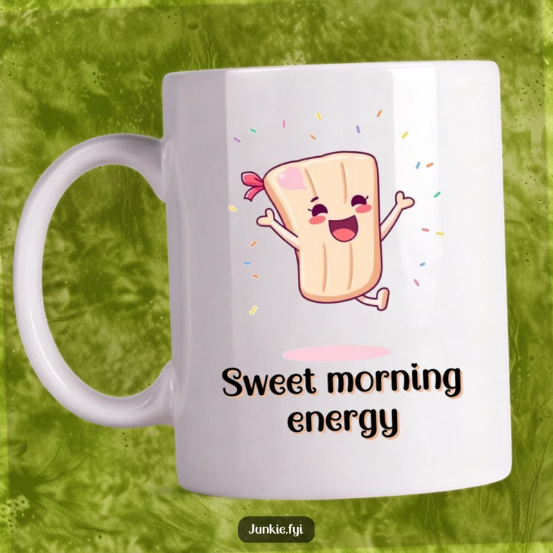 Funny Mug: A joyful candy bar character executes a cartwheel with colorful sprinkles flying, radiating energetic fun and happiness.