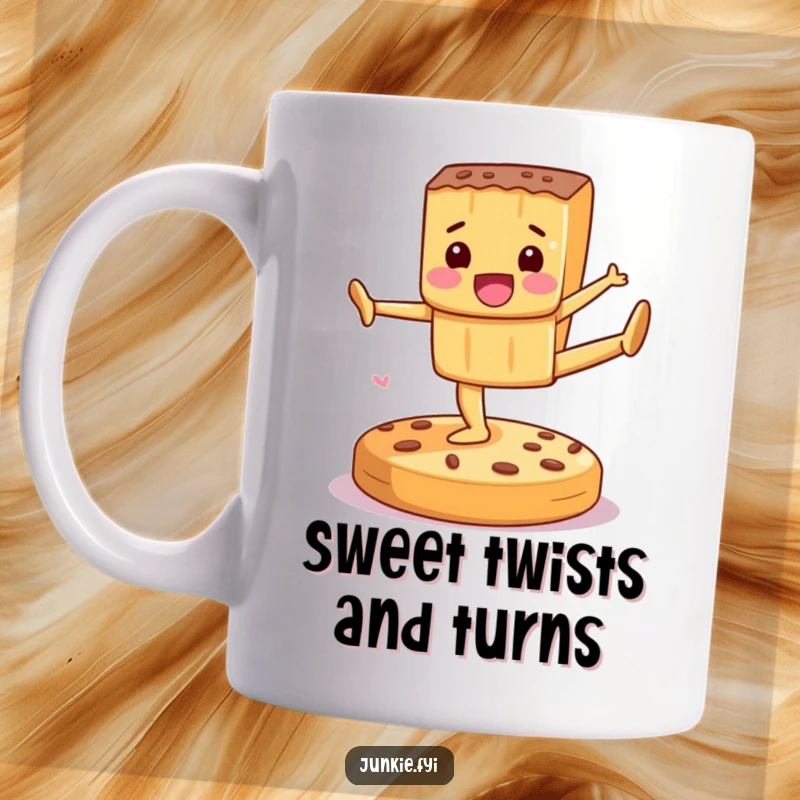 Funny Mug featuring a delighted candy bar performing impressive gymnastics on a cookie, full of sweet energy and fun.