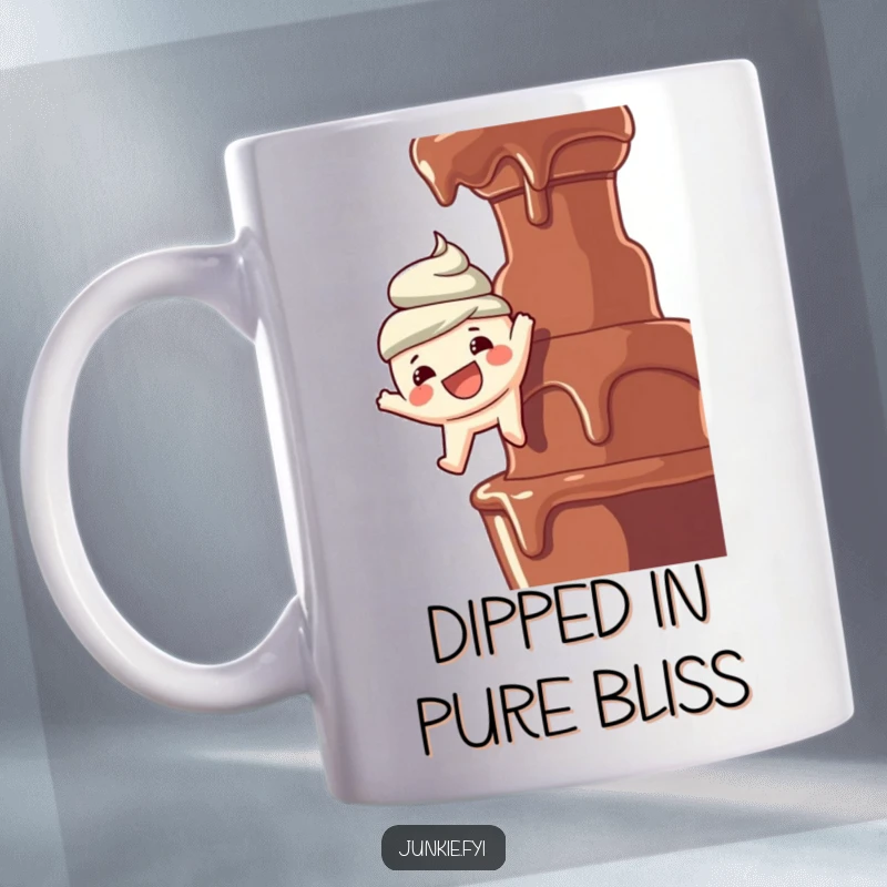 Funny mug: A happy food character with a wide smile dangles over a chocolate fountain, symbolizing pure, unadulterated joy and indulgence.