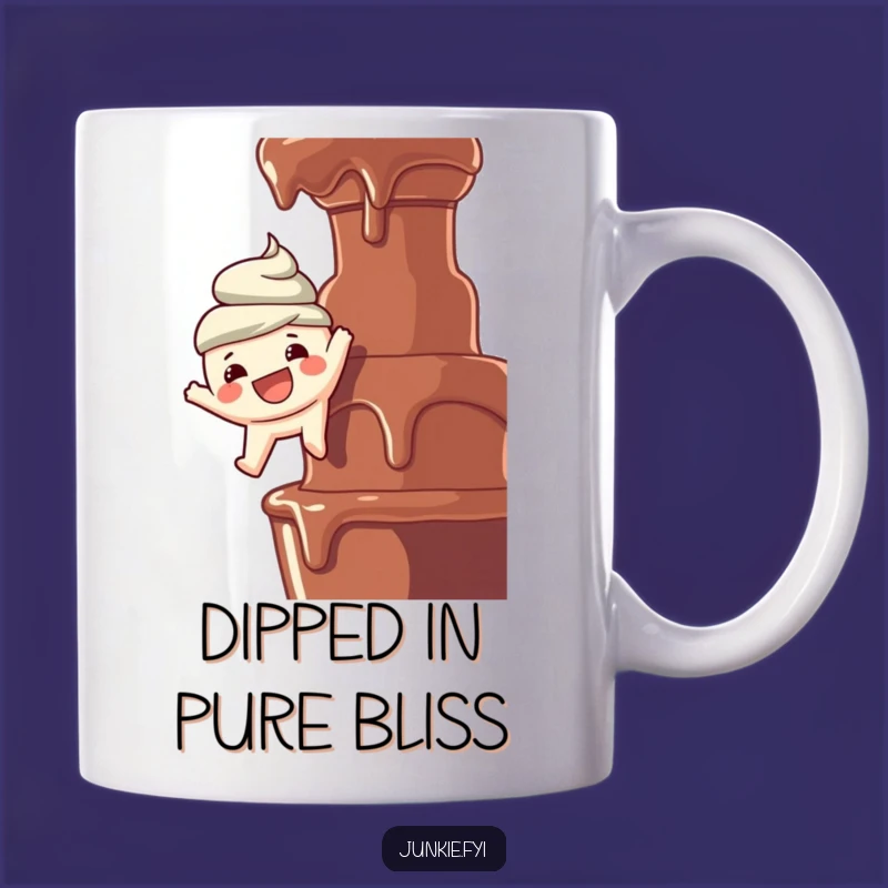 Funny Chocolate Lover Mug: Joyful Foodie Dangles Over Fountain, Perfect Gift!