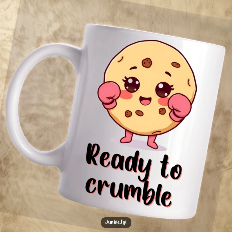 Funny delighted cookie character with chocolate chip accents wearing tiny boxing gloves on a ceramic mug.