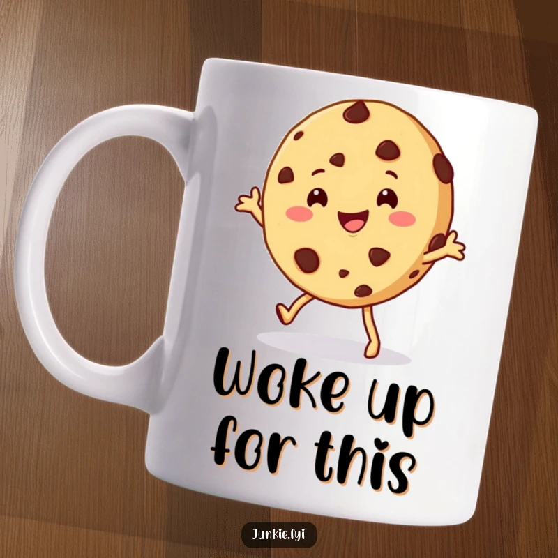 Funny cookie mug featuring a happy chocolate chip cookie character doing a playful shimmy, radiating sweet joy and cartoon charm.